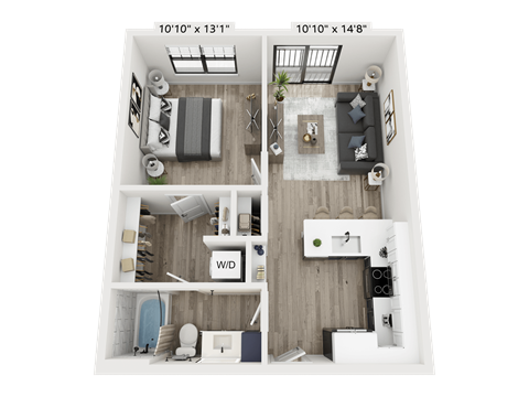 Floor plan for 1 bed, 1 bath, 621 sqft